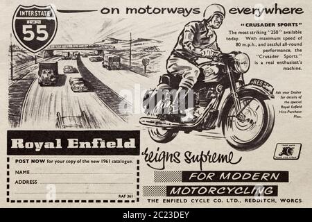 Vintage-Werbung für das britische Royal Enfield Crusader Sports 250cc Motorrad. Stockfoto