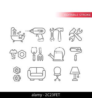 Baumarkt, Heimwerkergeschäft oder DIY dünne Linie Symbol-Satz. Handwerkzeuge, Badewanne, Walze, Hammer umreißen editierbare Symbole. Stock Vektor