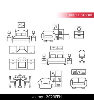 Möbel Interieur Wohndesign dünne Linie Icon Set. Wohnzimmer, Schlafzimmer, Küche Symbole, Kontur, editierbare Strich. Stock Vektor