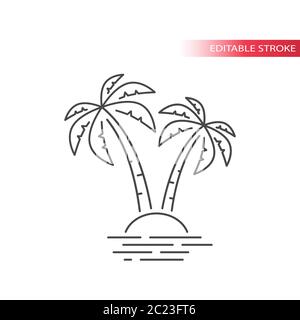 Palmen und tropische Insel im Meer einfaches dünnes Symbol. Kontur, bearbeitbarer Konturvektor. Stock Vektor