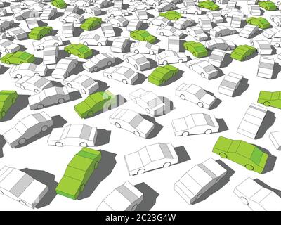 Grüne ökologische Autos, die sich von anderen im riesigen Stau absticht Stock Vektor