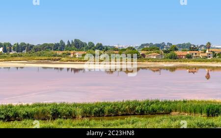 Siedlung rund um eine rosa Salz Verdunstung Teich in der Camargue in Südfrankreich Stockfoto