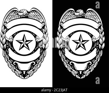 Polizei, Sheriff, Strafverfolgung Abzeichen isoliert Vektor Illustration in Black Line Art und White Versionen Stock Vektor