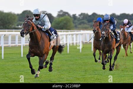 Nova Roma mit Jockey Nicky Mackay gewinnt die Sky Sports Racing HD Virgin 535 Maiden Stakes auf der Windsor Racecourse. Stockfoto