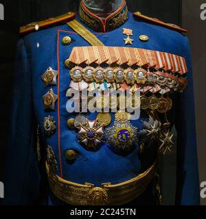 Moskau, Russland - 23. Januar 2019: Museum Der Zentralen Streitkräfte. Verschiedene Auszeichnungen, Orden und Medaillen auf den russischen Soldaten Stockfoto