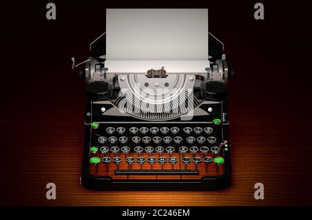 Retro Schreibmaschine auf dunklem Holztisch, 3D-Rendering Stockfoto