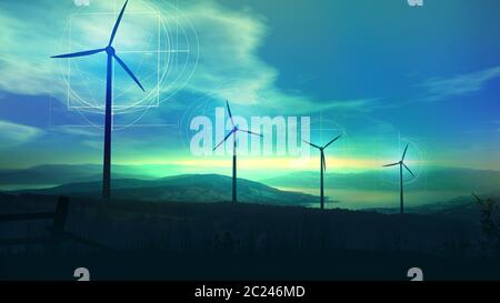 Silhouetten von Windenergieanlagen mit geometrischen Zeichnungen um Rotorblätter ragen vor dem Hintergrund einer wunderschönen Landschaft. Stockfoto