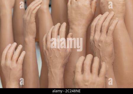 Die Ausstellung Mensch und Silikon Frauen Prothese Hände, Medizin rosa Implantate für Person Stockfoto