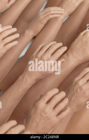 Die Ausstellung Mensch und Silikon Frauen Prothese Hände, Medizin rosa Implantate für Person Stockfoto