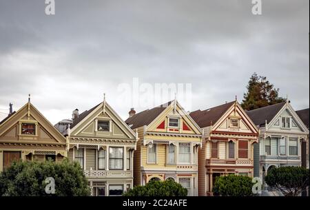 Blick auf die berühmten Painted Ladies auf dem Alamo Square in San Francisco Stockfoto