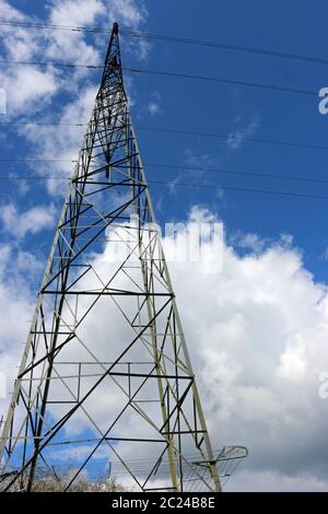 Hohe Spannung Strom pylon oder Energieübertragung Turm mit Kabel. Blauer Himmel mit weißen Wolken im Hintergrund. Einige Zweige sichtbar. Stockfoto