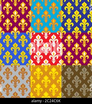 Royal heraldische Lilien (Fleur de Lis)--reiche bunte Tapeten, Stoff Textil, nahtlose Muster, von 9 versicolored Fliesen. Stockfoto