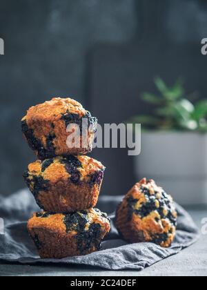 Hausgemachte vegan blueberry muffins auf dunklem Hintergrund. Stapel von drei Ei-Muffins mit Kopie Platz für Text oder Design. Low Key. Vertikale. Stockfoto