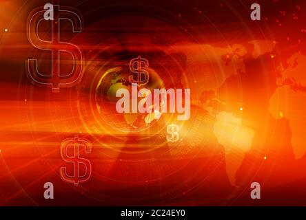 Grafische Finance und Global Business Hintergrund mit Globus und runde Kreise und Dollarzeichen. 3D-Illustration, 3D-Rendering Stockfoto