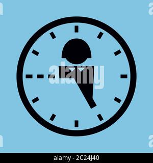 Vektordarstellung vereinfacht. Ikone einer Uhr und Mensch, mit neun bis fünf Arbeitsstunden markiert. Schwarz und Blau. Quadratisches Format. Stock Vektor