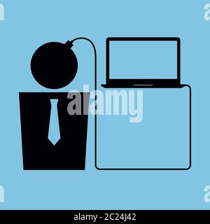 Vektordarstellung vereinfacht. Symbol eines Mannes, der über ein Kabel mit dem Laptop verbunden ist. Schwarzes Piktogramm auf blauem Hintergrund. Quadratisches Format. Stock Vektor