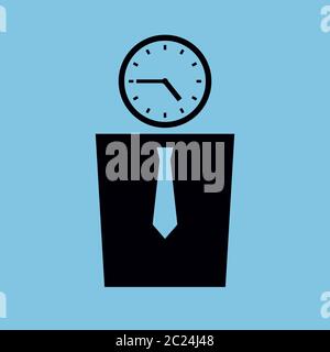 Vektor minimalistische Illustration. Ikone eines Mannes mit einer Uhr statt seines Kopfes, die die Zeit bei Viertel vor fünf zeigt. Schwarzes Piktogramm, blauer Hintergrund. Stock Vektor