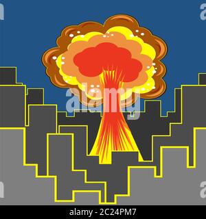 Nukleare Burst in der Stadt. Cartoon Bombenexplosion in der Innenstadt. Radioaktive Atomkraft. Symbol des Krieges. Großen Atompilz am blauen Himmel. Stockfoto