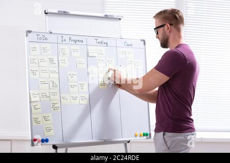 Seitenansicht der junge Geschäftsmann Schreiben auf Haftnotizen zu White Board In Office angeschlossen Stockfoto