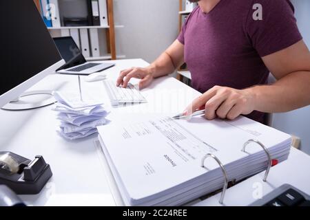 Nahaufnahme eines Geschäftsmannes Kontrolle Rechnung auf dem Computer Stockfoto