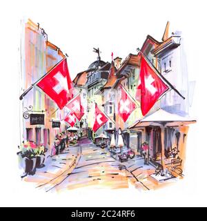 Aquarellskizze der gemütlichen Straße mit Schweizer Flaggen in der Zürcher Altstadt, der grössten Stadt der Schweiz. Stockfoto
