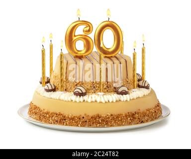 Festliche Kuchen mit goldenen Kerzen - Nummer 60 Stockfoto