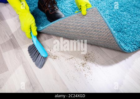 Niedrig Schnitt ein fauler Hausmeister fegt Schmutz unter den Teppich Stockfoto