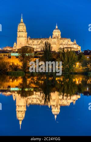 Der Kathedrale von Salamanca, die in den Fluss Tormes bei Nacht Stockfoto