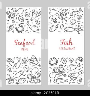 Handgezeichnete Seafood Elemente, Fisch, Hummer, Auster, Krake, Garnelen. Doodle-Skizzenstil. Meereselement gezeichnet von dogital Stift. Vektorgrafik für Symbol, Menü, Rezepturgestaltung. Stock Vektor