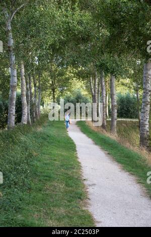 In Scherben spaziert wirkende Seniorin in einem Weg Stockfoto