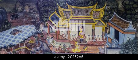 BANGKOK, THAILAND - NOVEMBER 5, 2014: Alte buddhistische Tempel Wandmalerei über das Leben des Buddha im Wat Pho in Bangkok, Thailand Stockfoto