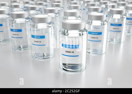 3d-Abbildung mit Reihen von Glasfläschchen, die Covid-19-Impfstoff enthalten Stockfoto