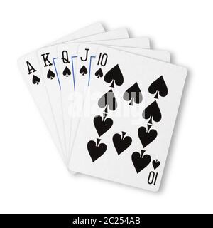 Pik Royal Flush flach auf weißen gewinnenden Hand Business-Konzept Stockfoto