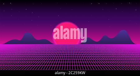 Geometrischer Hintergrund Vektor-Vorlage für Poster und Banner futuristische Landschaft im Retro-Stil mit Sonnenuntergang und geometrisches Raster im Weltraum Stockfoto