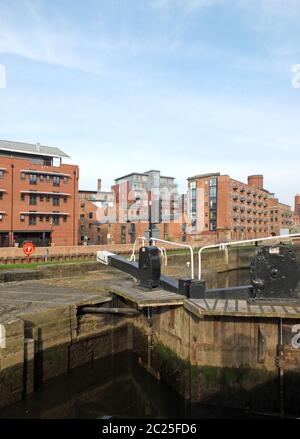 Alte hölzerne Schleusentore am Kanal im stadtzentrum von leeds, umgeben von Wohnhäusern am Wasser Stockfoto