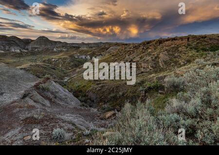 Sonnenuntergang im Red Deer River Canyon der Badlands in Alberta Stockfoto