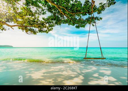 Hölzerne Schaukeln hängen vom Zweig des Baumes am Meer. Smaragdgrünes Meerwasser mit blauem Himmel und weißen Wolken im Sommer. Sommerstimmung. Sommerurlaub. Em Stockfoto