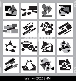 Transformation von schwarzen, grauen und weißen geometrischen Formen auf ein Blatt Ebene. Stockfoto