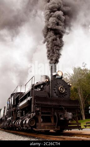 Shay Motor 6 verbrennt Kohle, während es aus dem Bahnhof am Cass Scenic Railroad State Park in Cass, West Virginia, fährt. Stockfoto