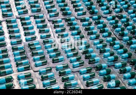 Closeup grün-blaue Antibiotikum Kapsel Pillen in Blisterverpackung. Antimikrobielle Resistenz. Pharmazeutische Industrie. Global Healthcare. Apotheke hinterg Stockfoto