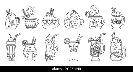 Weihnachts-Set mit Heißgetränken. Schwarz linear flach Cartoon verschiedene Getränke. Urlaub niedlichen Tassen heißen Kakao, Kaffee, Milch und Glühwein. Neujahr Getränke dekoriert Holly, Süßigkeiten. Vektorgrafik Stock Vektor