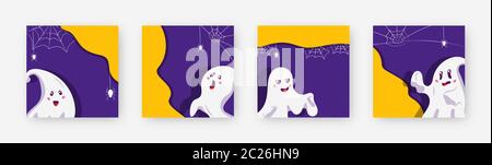 Set von Geist niedlichen Charakter Vorlage quadratischen Rahmen. Dekorative Muster mit Raum Textfeld. Verschiedene Hintergrund mit gruseligen lustige bösartige Halloween Monster Spinne und Spiderweb Vektor Illustration Stock Vektor