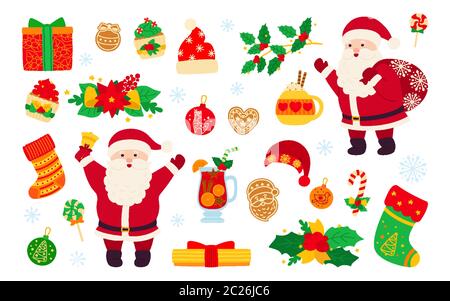 Weihnachten und Neujahr. Holly Cupcake, Glocke, Tasse, Hut, weihnachtsmann und Kekse Geschenk, Glühwein. Flache Cartoon Design-Elemente. Neujahr, weihnachtsobjekte Kollektion. Isolierte Vektordarstellung Stock Vektor