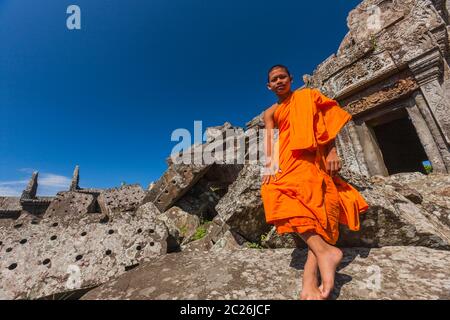 Preah Vihear Tempel, junger Mönch am Main Tempel, Hauptgebäude, Main Schrein, Hindu-Tempel des alten Khmer Reich, Kambodscha, Südostasien, Asien Stockfoto