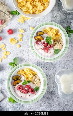 Frühstück mit viel Wald Obst, Pflaumen und Joghurt Stockfoto