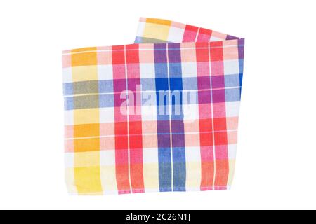 Nahaufnahme einer Blau, Weiß, Rot, Gelb und Orange kariert Serviette oder Tischdecke auf weißem Hintergrund. Geschirrtücher sind Zubehör für die Küche. Stockfoto