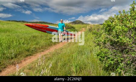 Ältere Paddler tragen ein langes Stand Up Paddleboard (SUP) bergab auf einem Trail im Frühsommer - Lory State Park, Colorado Stockfoto