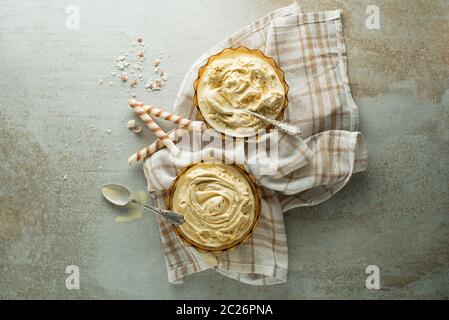 Hausgemachte Bio Vanille Softeis. Vanille Joghurt- oder Softeis in der Schüssel Stockfoto