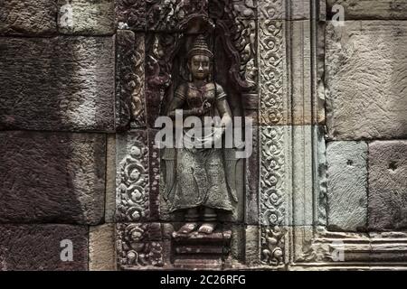 Wandrelief des Banteay Kdei Tempels, Buddhistischer Tempel, Alter Khmer Tempel, Angkor Archäologischer Park, Siem Reap, Kambodscha, Südostasien, Asien Stockfoto