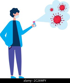 Junge mit Maske Sprühen covid 19 Virus-Design, Desinfektion Service und saubere Thema Vektor-Illustration Stock Vektor